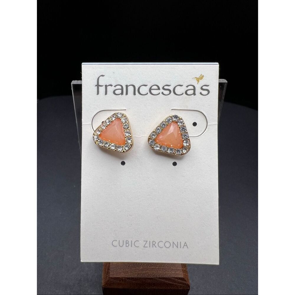 New Francesca's Cubic Zirconia Peach Pink Triangle Halo Stud Earrings